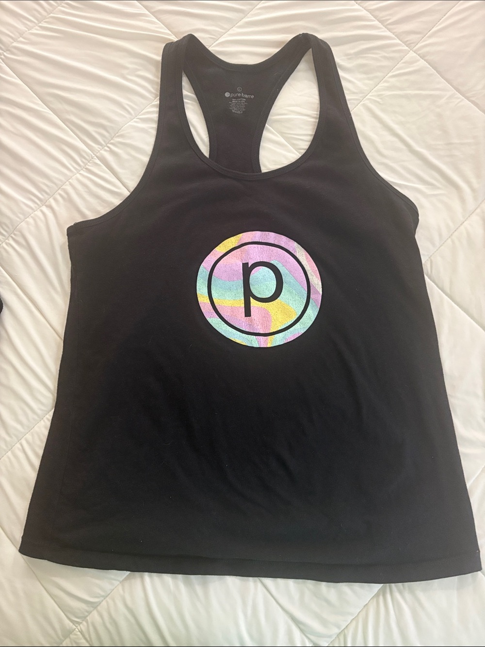 Pure Barre Black Racerback Tank with Pastel Swirl Logo